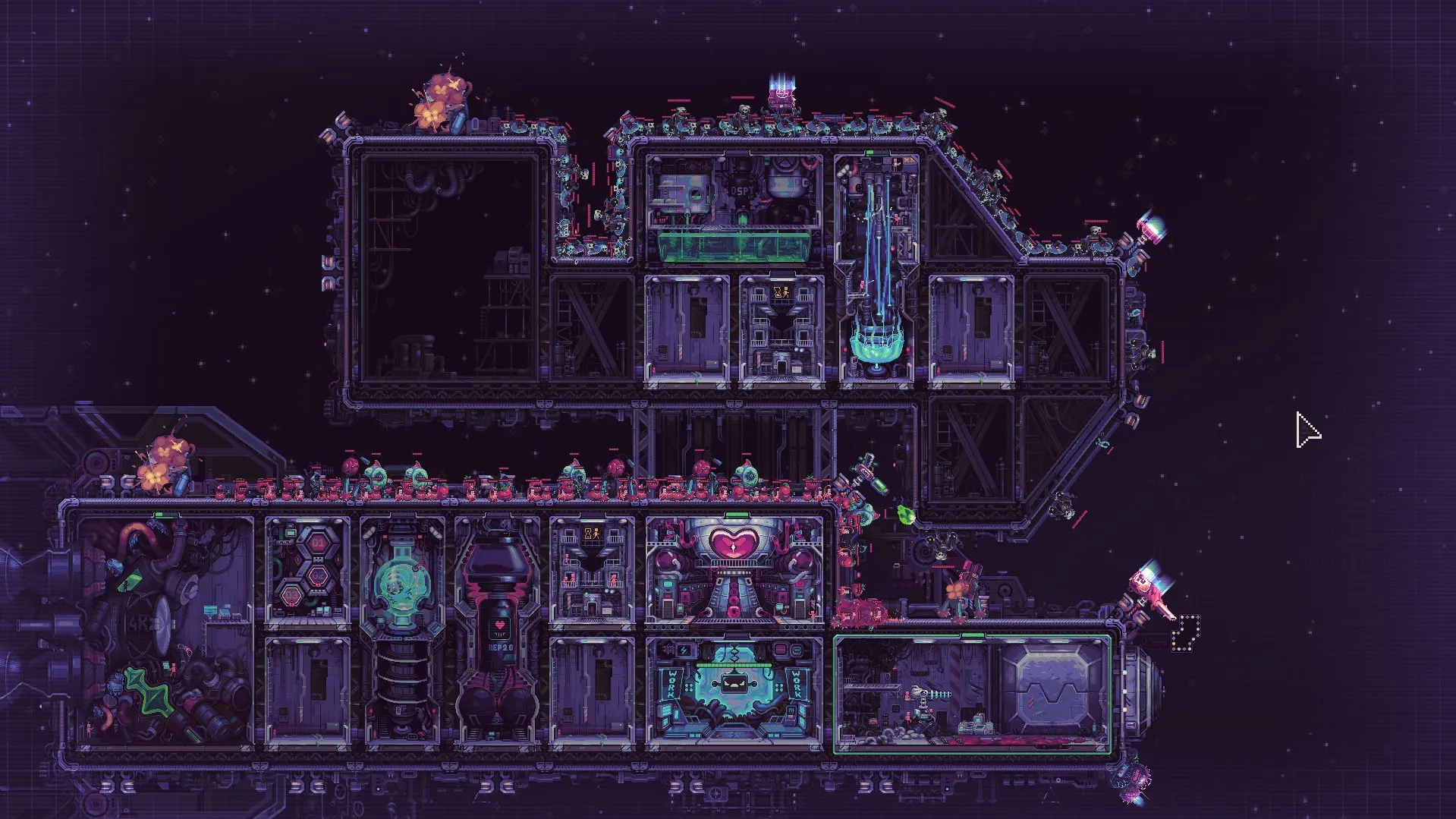 Hull Rupture compact ship layout with adjacent modules and turrets on the outer hull