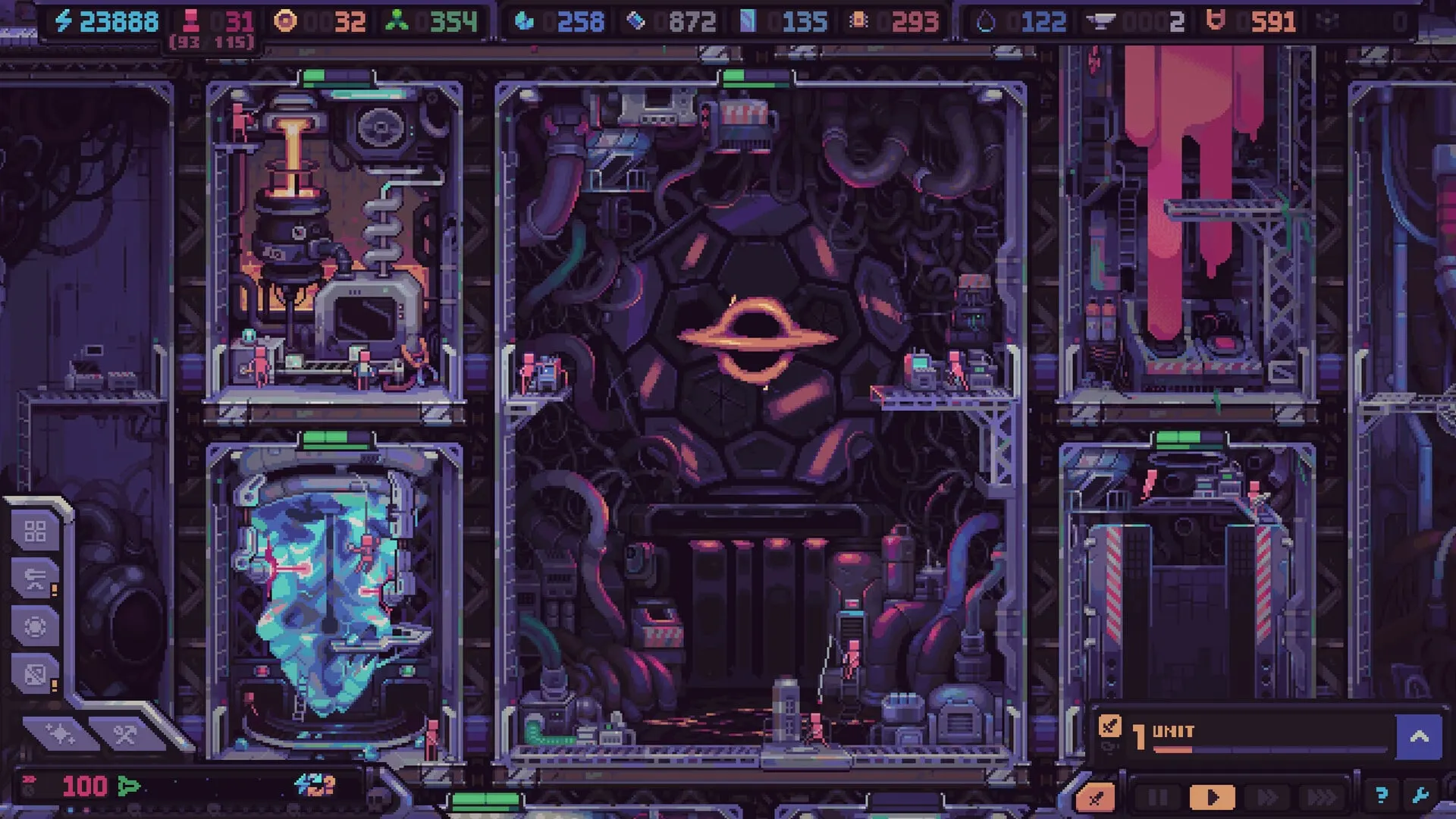 Hull Rupture production modules with workers and glowing machinery inside the ship